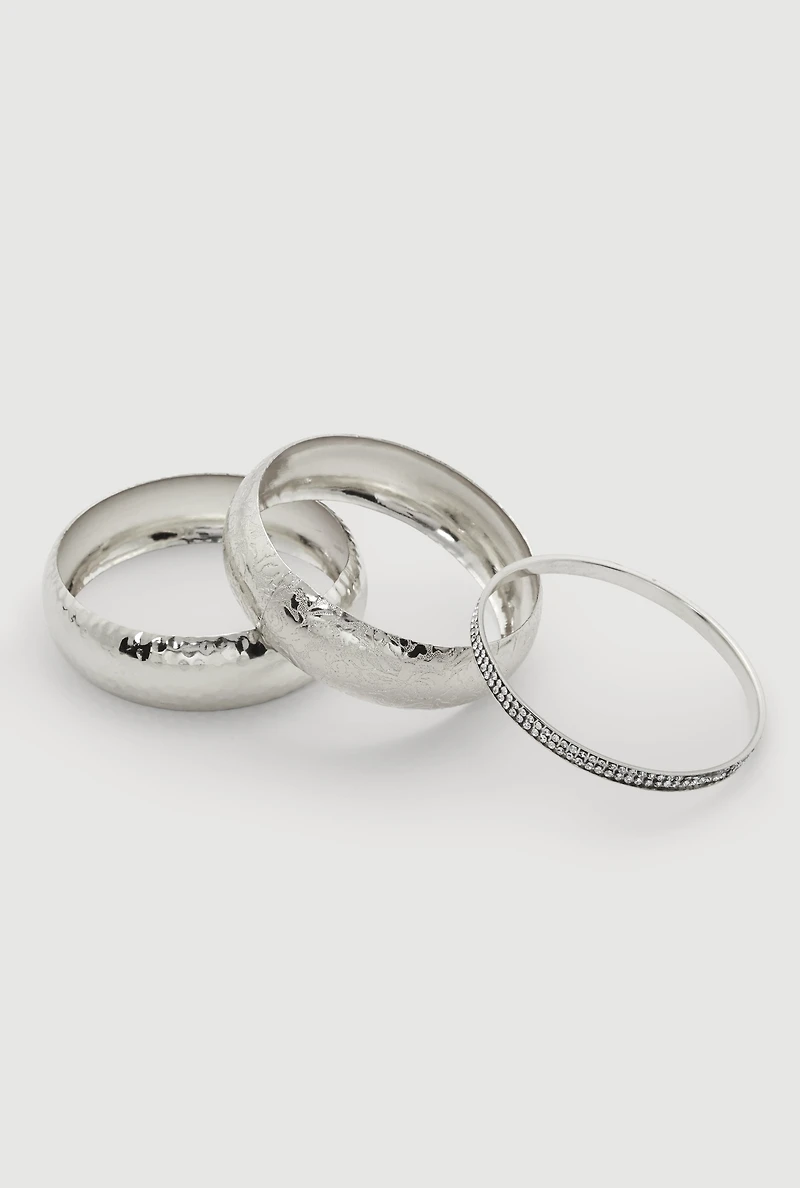 Womens Plus Size Patterned Metallic Assorted Bangles Set of 3, Silver