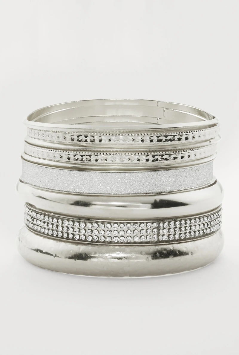 Womens Plus Size Assorted Cubic Zirconia Metallic Bangles Set of 9, Silver