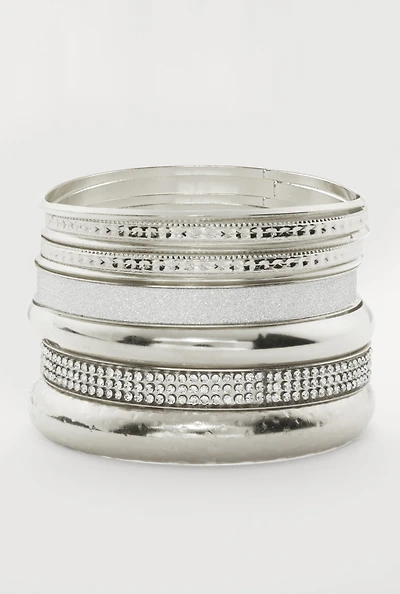 Womens Plus Size Assorted Cubic Zirconia Metallic Bangles Set of 9, Silver