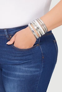 Womens Plus Size Assorted Cubic Zirconia Metallic Bangles Set of 9, Silver