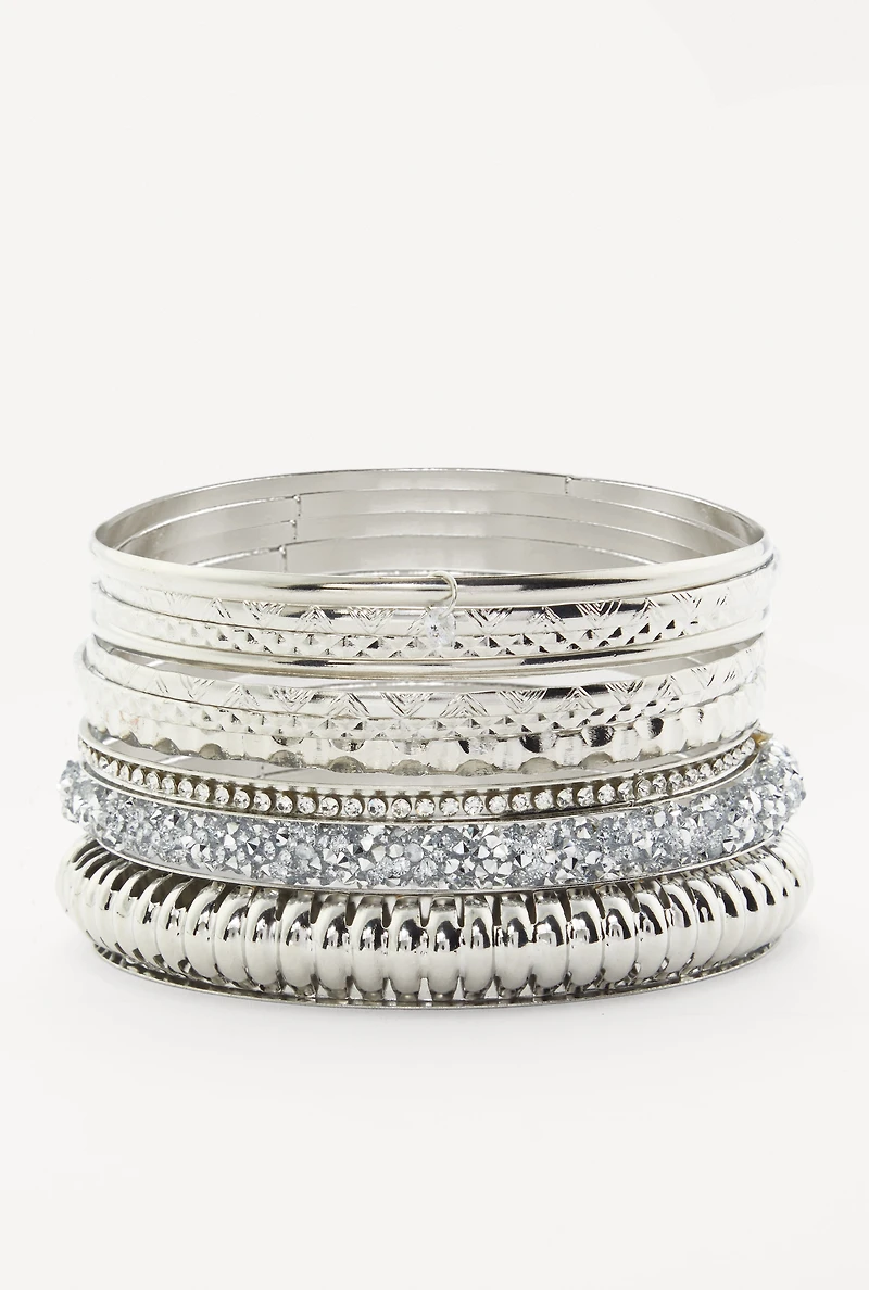 Womens Plus Size Assorted Textured Metallic Bangles Set of 10, Silver