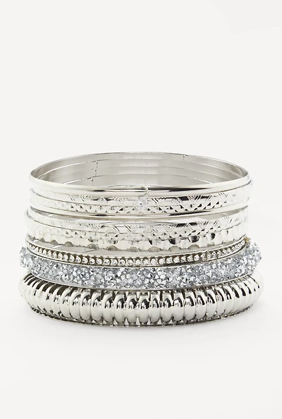Womens Plus Size Assorted Textured Metallic Bangles Set of 10, Silver