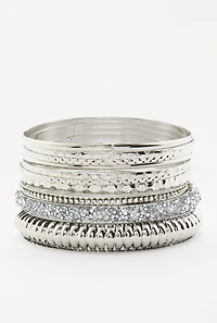 Womens Plus Size Assorted Textured Metallic Bangles Set of 10, Silver