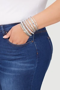 Womens Plus Size Assorted Textured Metallic Bangles Set of 10, Silver