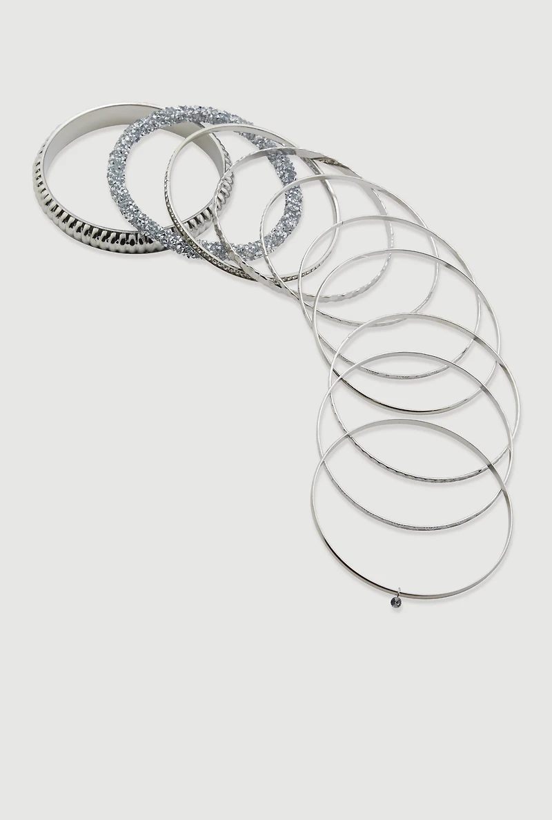 Womens Plus Size Assorted Textured Metallic Bangles Set of 10, Silver
