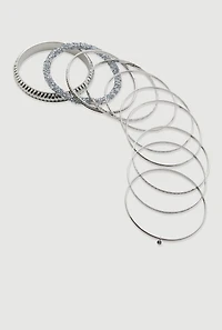 Womens Plus Size Assorted Textured Metallic Bangles Set of 10, Silver