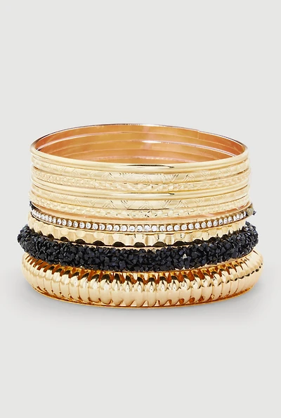 Womens Plus Size Assorted Textured Metallic Bangles Set of 10, Gold