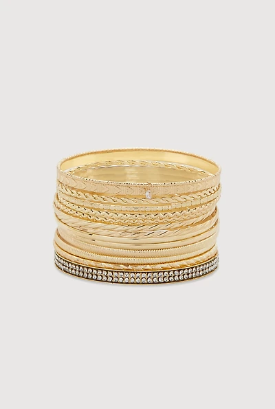 Womens Plus Size Cubic Zirconia Metallic Textured Bangles Set of 15, Gold