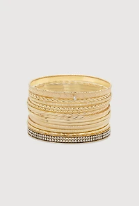 Womens Plus Size Cubic Zirconia Metallic Textured Bangles Set of 15, Gold