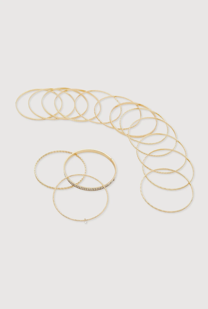 Womens Plus Size Cubic Zirconia Metallic Textured Bangles Set of 15, Gold