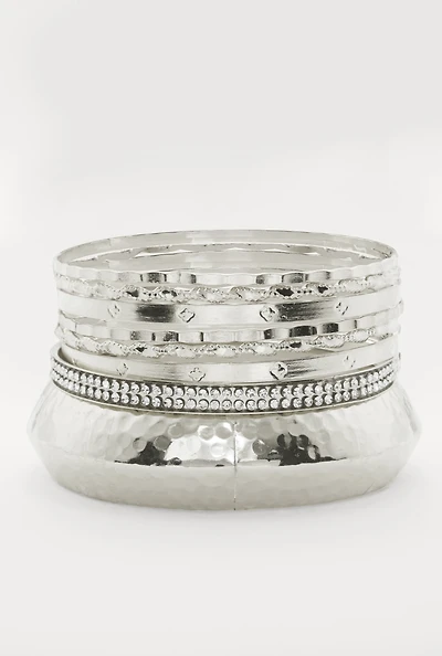 Womens Plus Size Assorted Metallic Hammered Detail Bangles Set of 8, Silver
