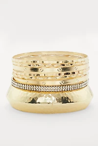 Womens Plus Size Assorted Metallic Hammered Detail Bangles Set of 8, Gold