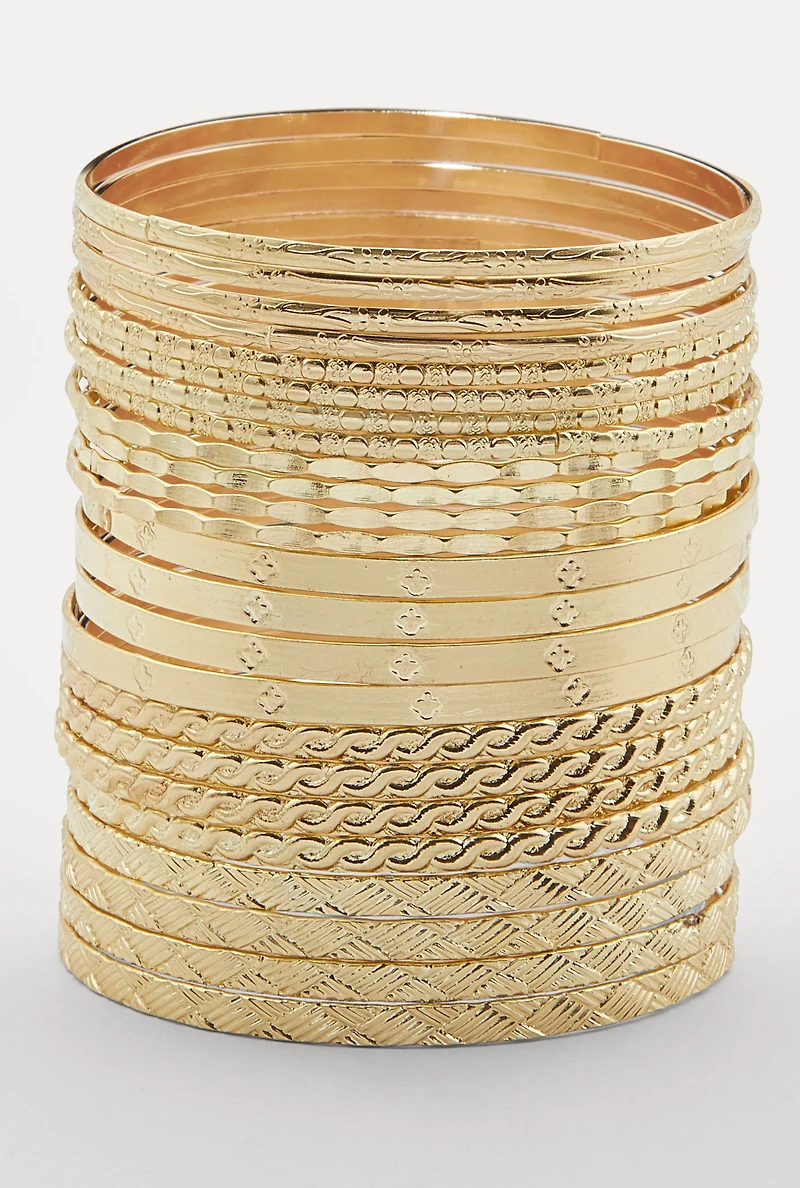 Womens Plus Size Metallic Textured Bangles Set of 24, Gold