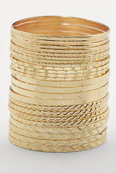 Womens Plus Size Metallic Textured Bangles Set of 24, Gold