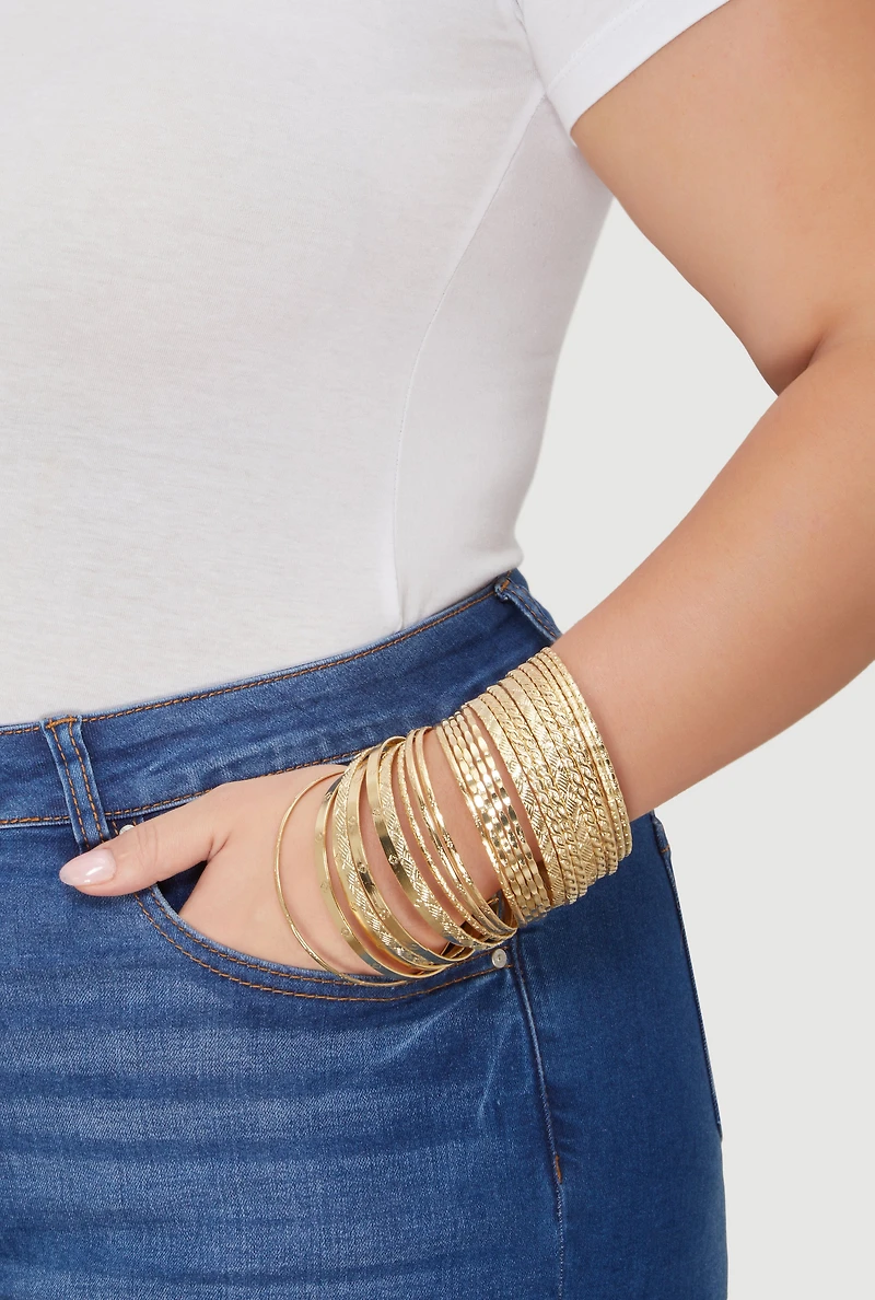 Womens Plus Size Metallic Textured Bangles Set of 24, Gold
