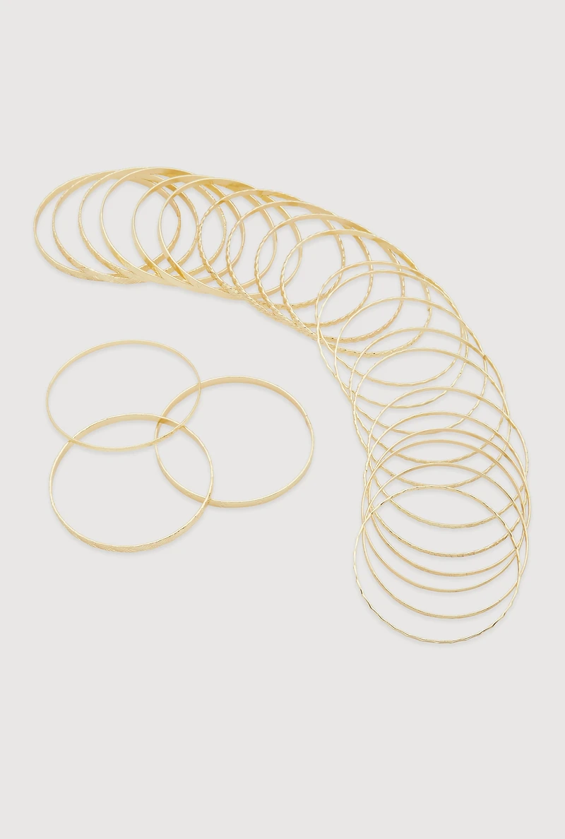 Womens Plus Size Metallic Textured Bangles Set of 24, Gold