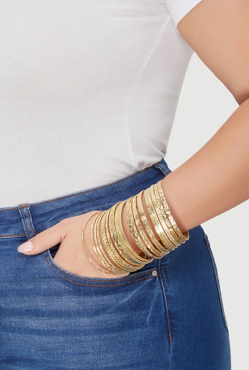Womens Plus Size Textured Metallic Bangles Set of 24, Gold