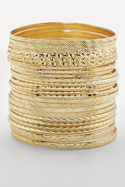 Womens Plus Size Assorted Textured Metallic Bangles Set of 24, Gold