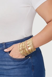 Womens Plus Size Assorted Textured Metallic Bangles Set of 24, Gold