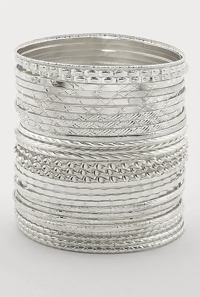 Womens Plus Size Metallic Textured Bangles Set of 30, Silver