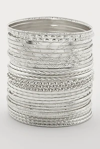 Womens Plus Size Metallic Textured Bangles Set of 30, Silver