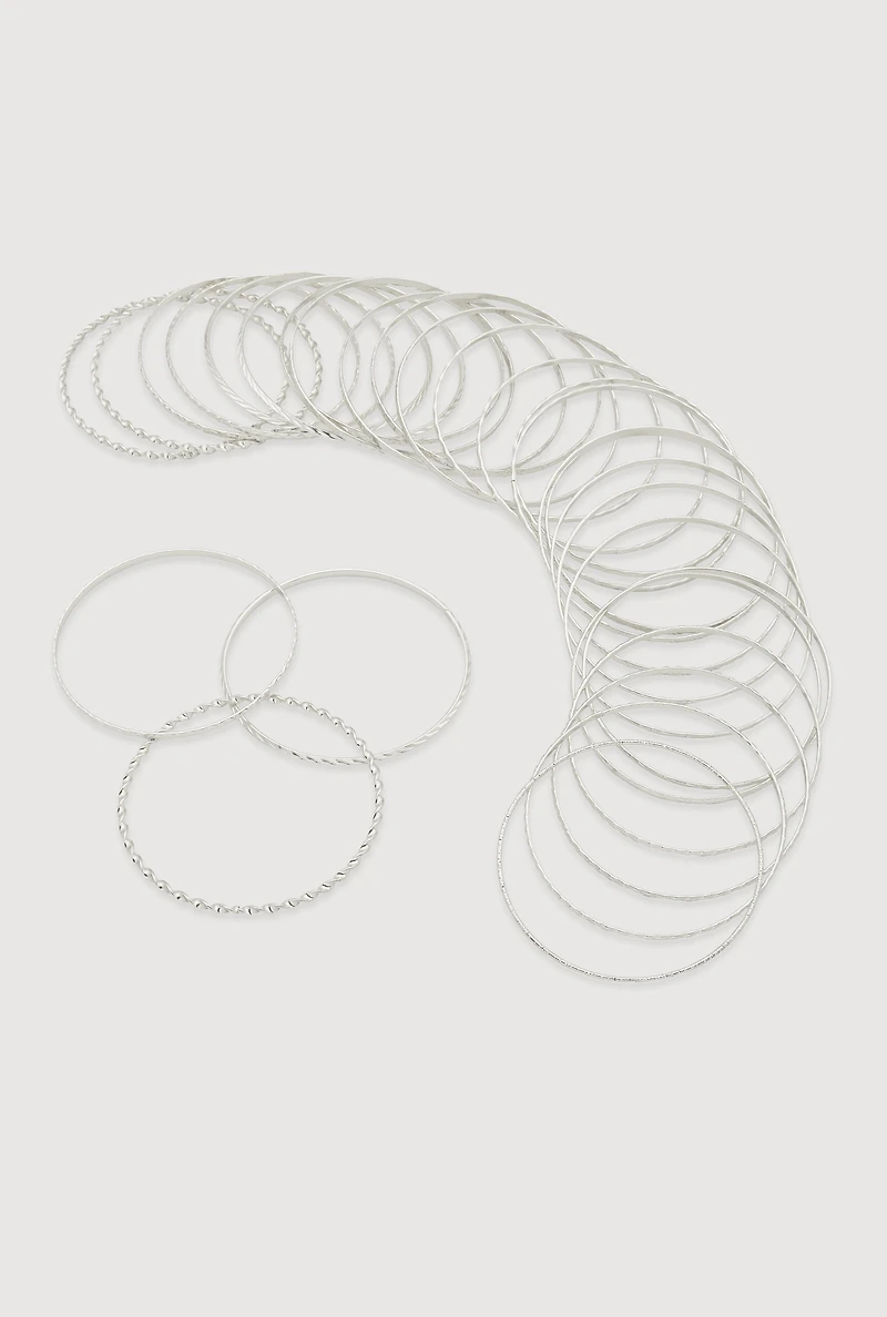 Womens Plus Size Metallic Textured Bangles Set of 30, Silver