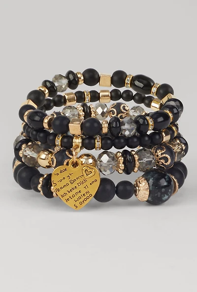 Womens Heart Charm Beaded Stretch Bracelets Set of 4,