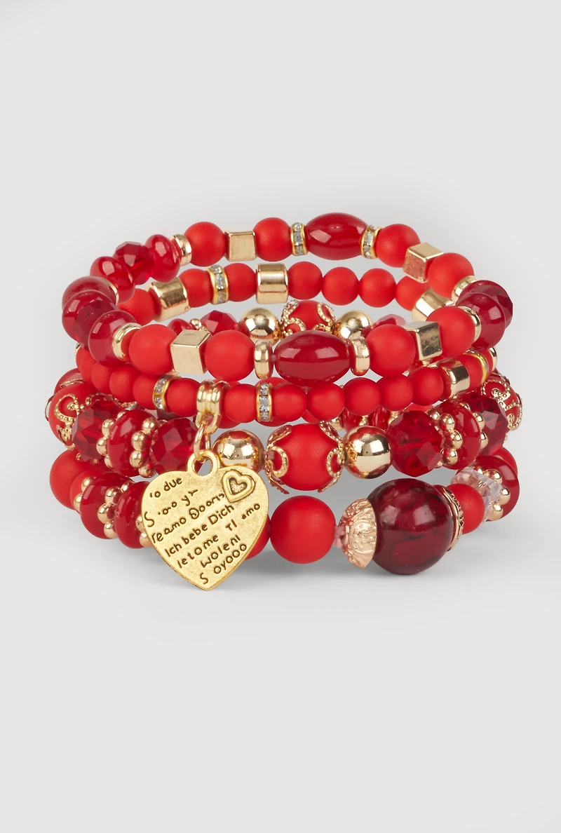 Heart Charm Beaded Stretch Bracelets Set of