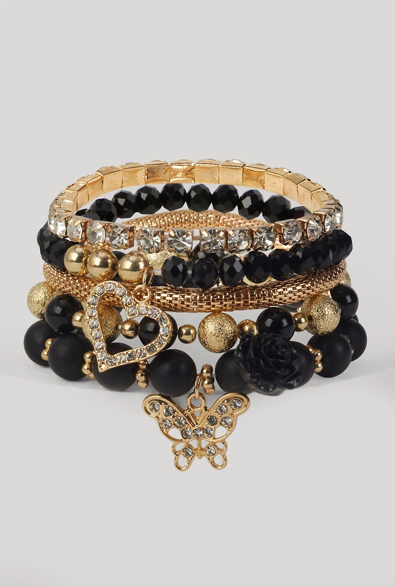 Rose Rhinestone Charm Stretch Bracelets Set of 5