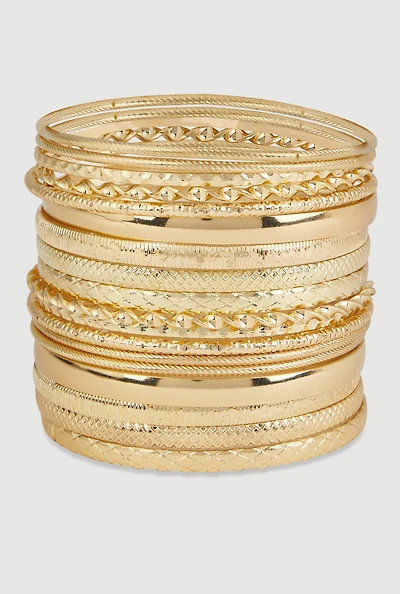 Womens Textured Metallic Bangles Set of 18, Gold