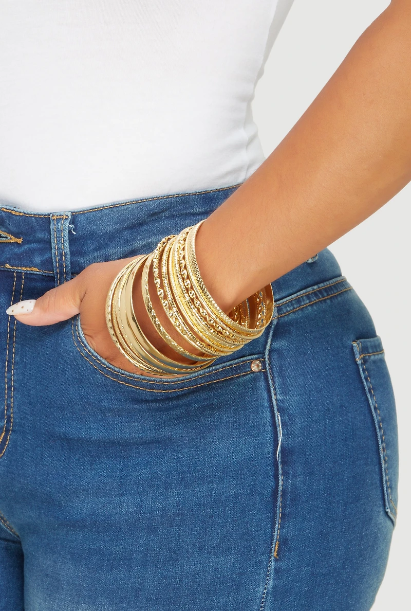 Womens Textured Metallic Bangles Set of 18, Gold