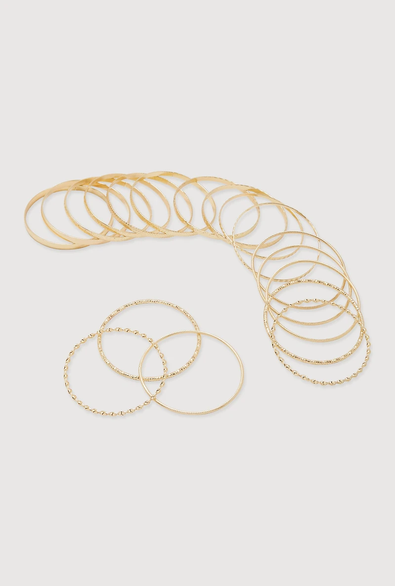 Womens Textured Metallic Bangles Set of 18, Gold