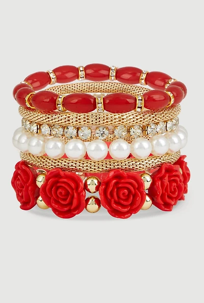 Womens Rose Beaded Faux Pearl Metallic Stretch Bracelets Set of 6, Red