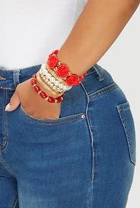Womens Rose Beaded Faux Pearl Metallic Stretch Bracelets Set of 6, Red