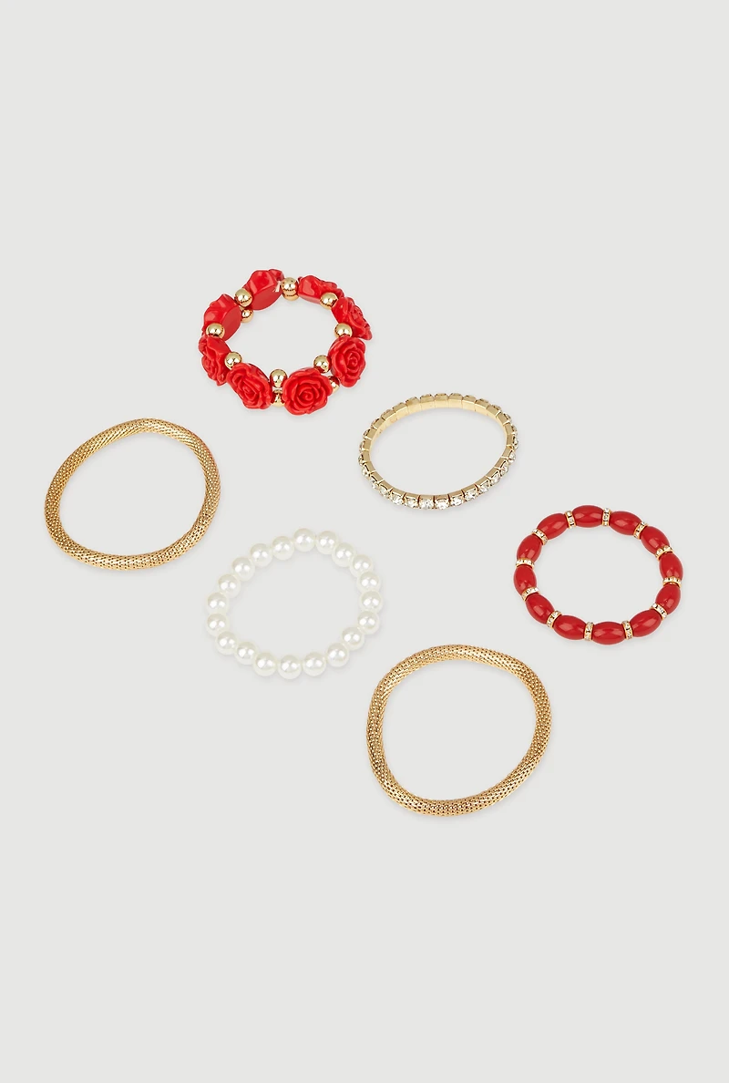 Womens Rose Beaded Faux Pearl Metallic Stretch Bracelets Set of 6, Red