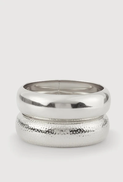 Womens Plus Size Hammered Detail Metallic Bangle Bracelets Set of 2, Silver