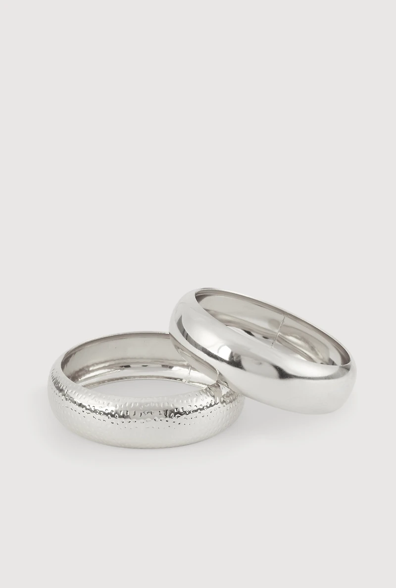 Womens Plus Size Hammered Detail Metallic Bangle Bracelets Set of 2, Silver