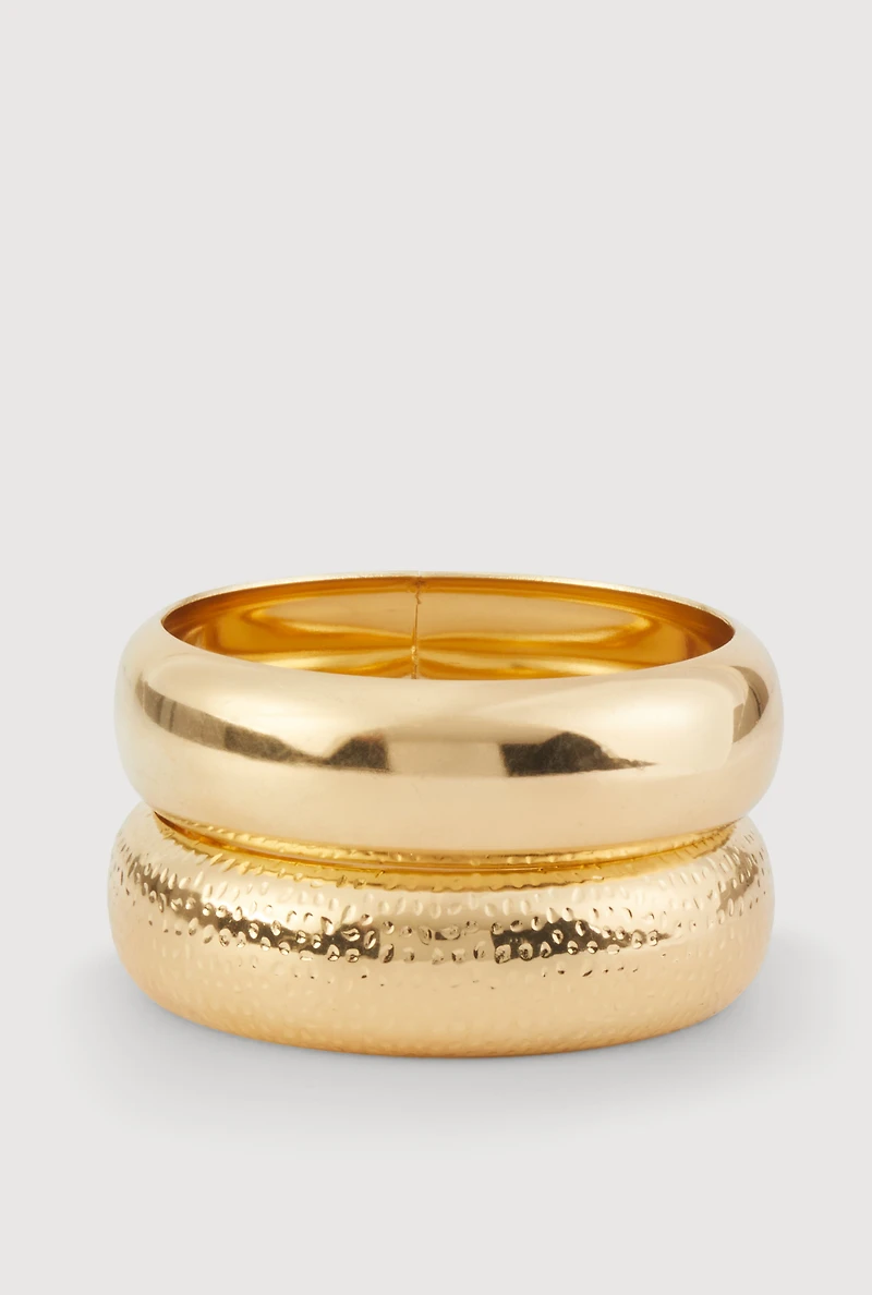 Womens Plus Size Hammered Detail Metallic Bangle Bracelets Set of 2, Gold