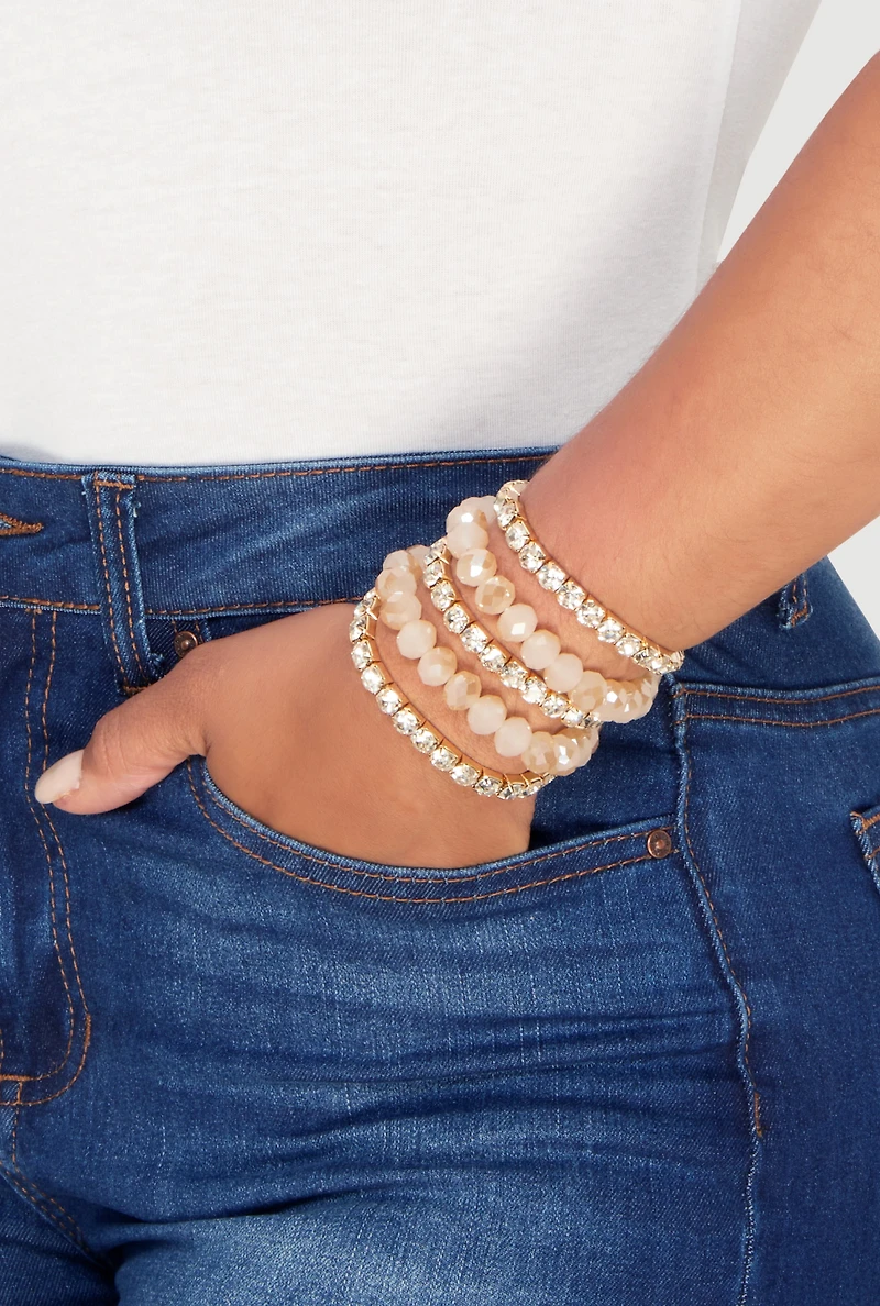 Womens Rhinestone Beaded Stretch Bracelets Set of 5,