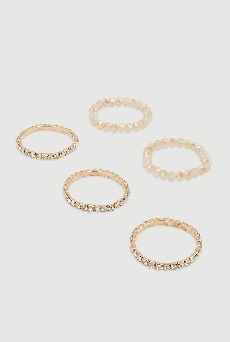 Womens Rhinestone Beaded Stretch Bracelets Set of 5,