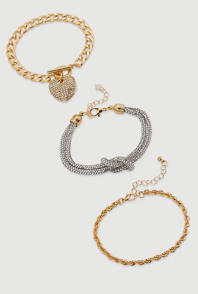 Womens Cubic Zirconia Chain Charm Bracelets Set of 3, Gold