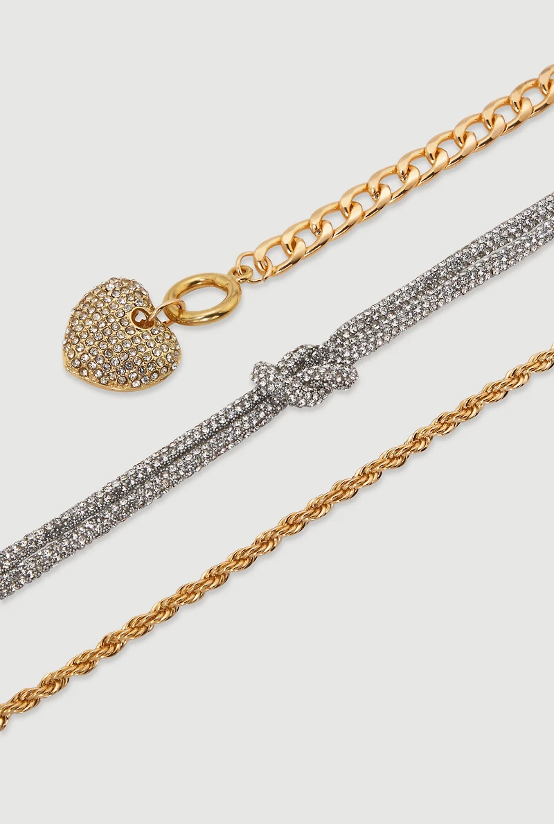 Womens Cubic Zirconia Chain Charm Bracelets Set of 3, Gold