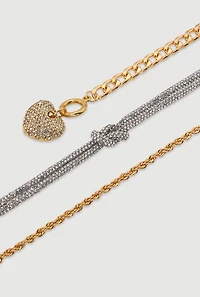 Womens Cubic Zirconia Chain Charm Bracelets Set of 3, Gold