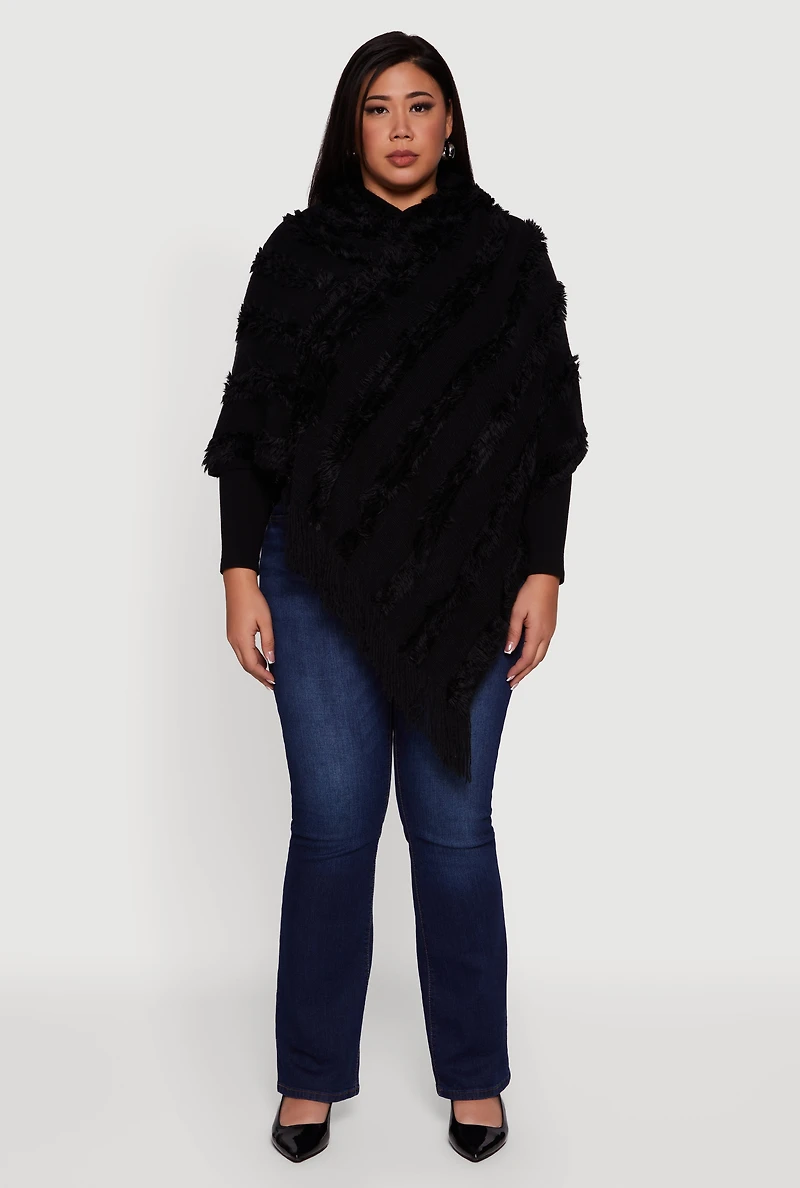 Fringe Striped Hooded Poncho