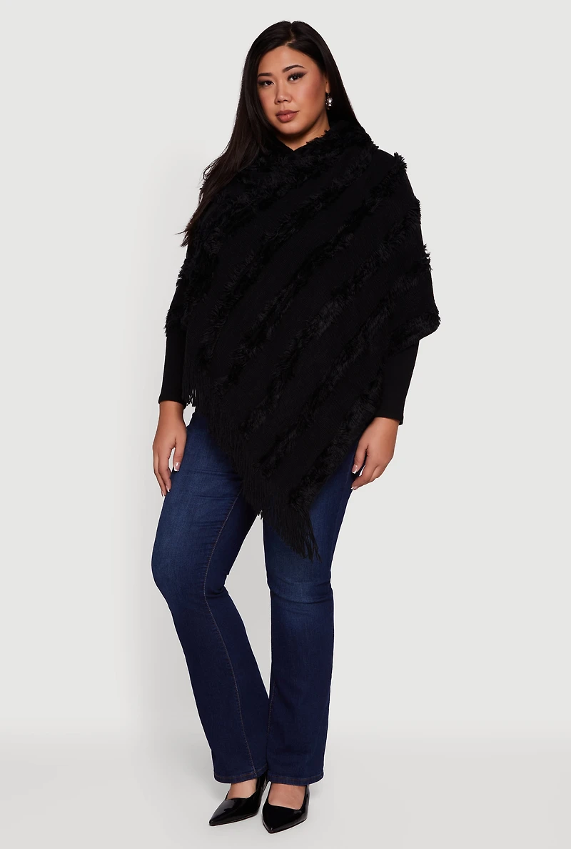 Fringe Striped Hooded Poncho