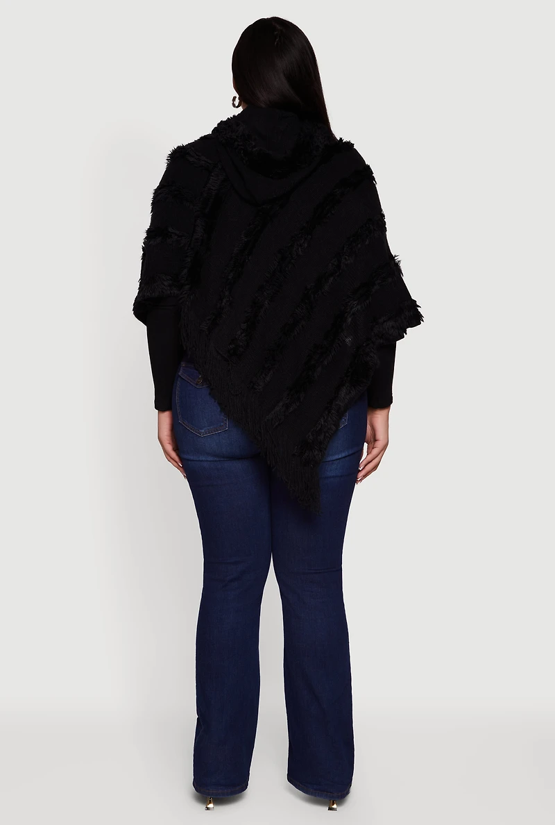 Fringe Striped Hooded Poncho