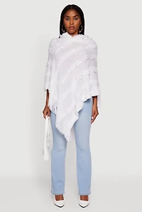 Womens Fringe Striped Hooded Poncho, White