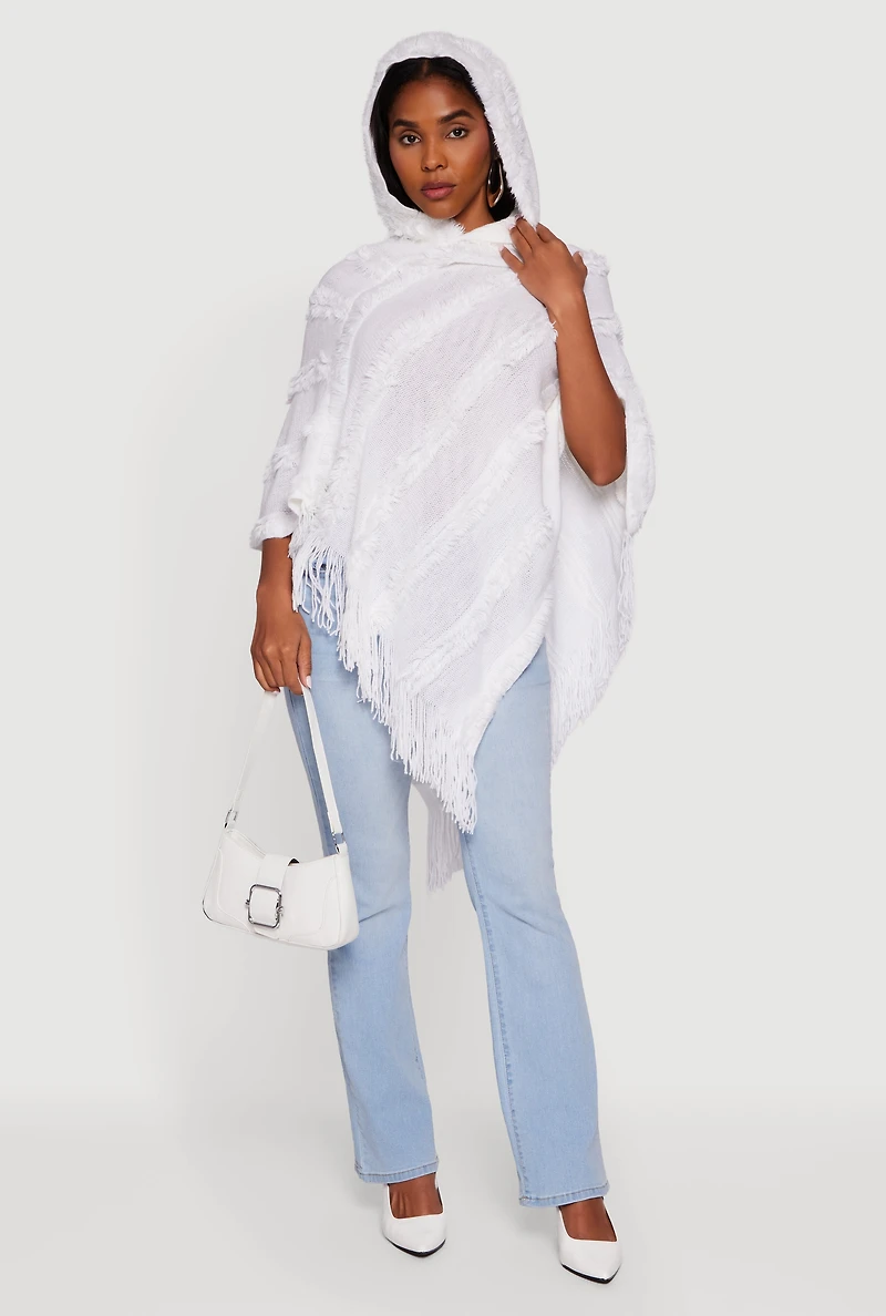 Fringe Striped Hooded Poncho