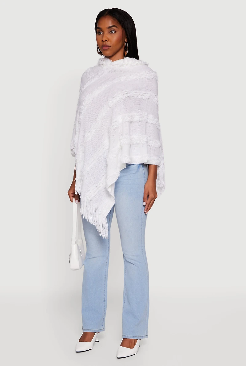 Fringe Striped Hooded Poncho