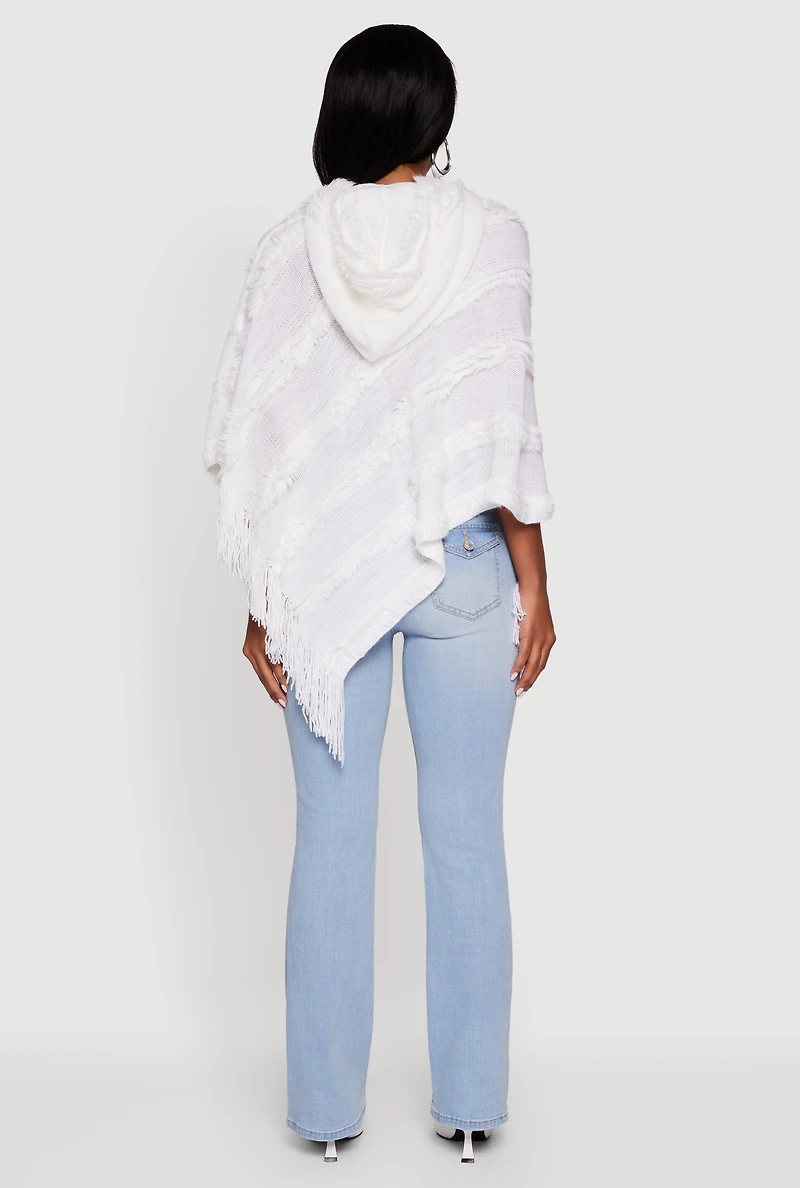 Womens Fringe Striped Hooded Poncho, White